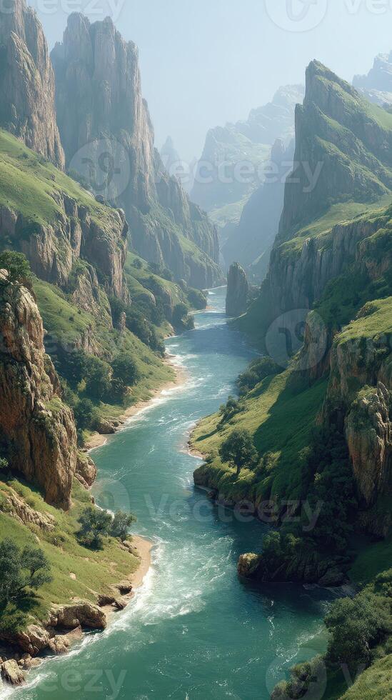 Majestic river flowing through rugged mountains in a tranquil valley during morning light photo