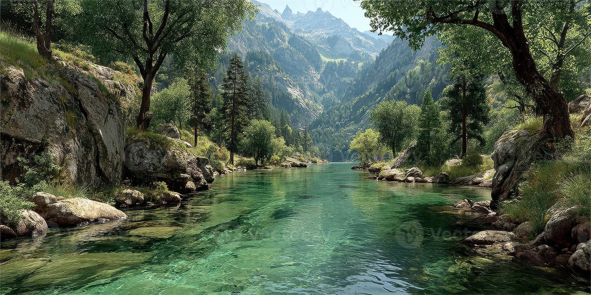 Serene river flows through lush valley surrounded by majestic mountains at midday photo