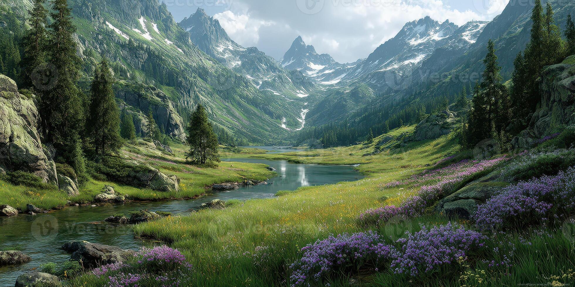Majestic mountain landscape with flowing river and blooming wildflowers at midday photo