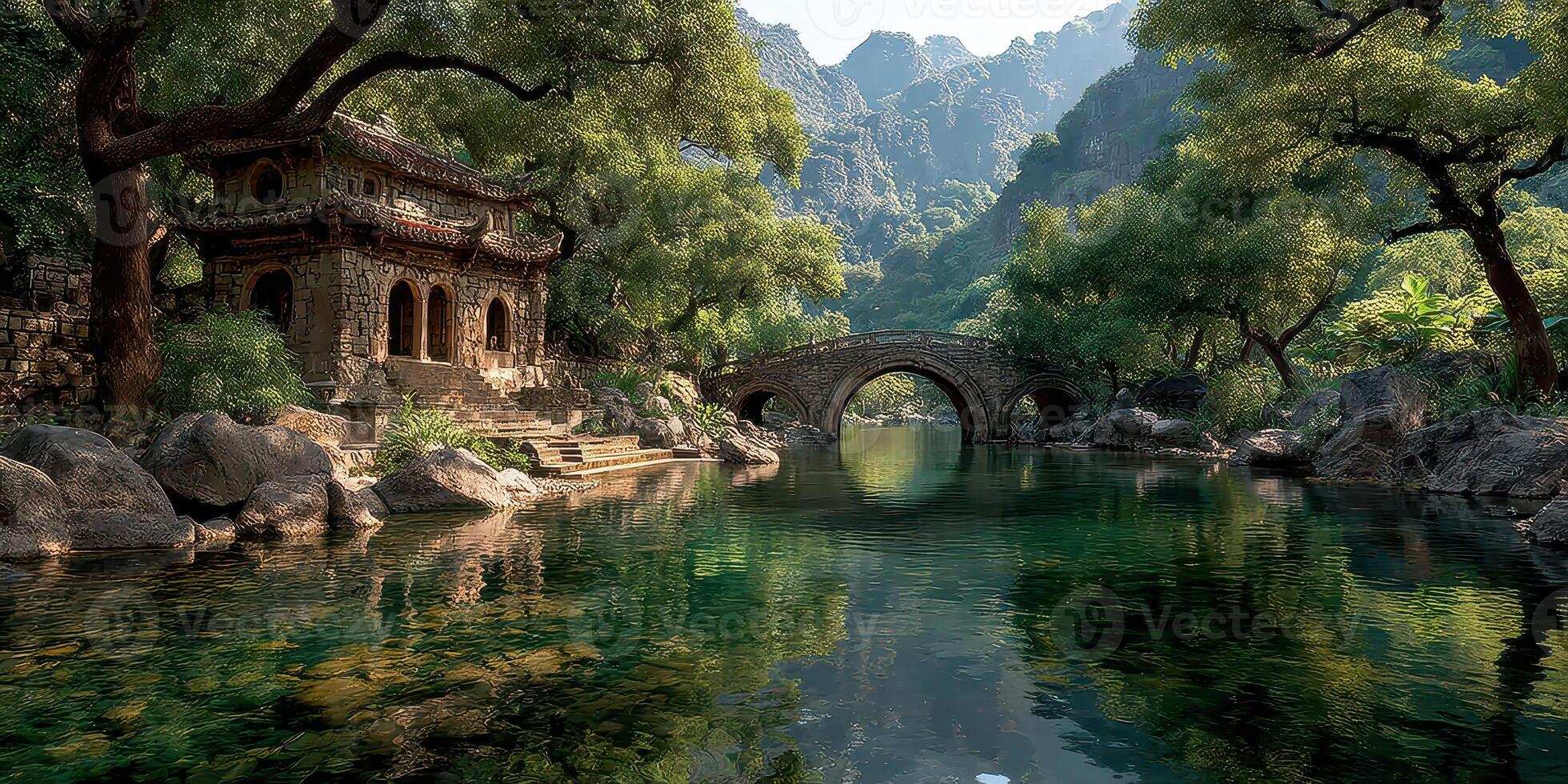 Tranquil river scene with ancient architecture and mountains during sunny day photo