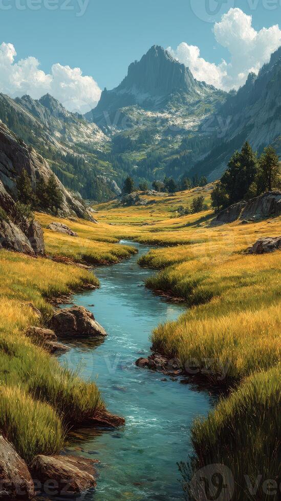 Stunning view of a serene valley with a flowing creek surrounded by vibrant golden grass and distant mountains under a blue sky photo