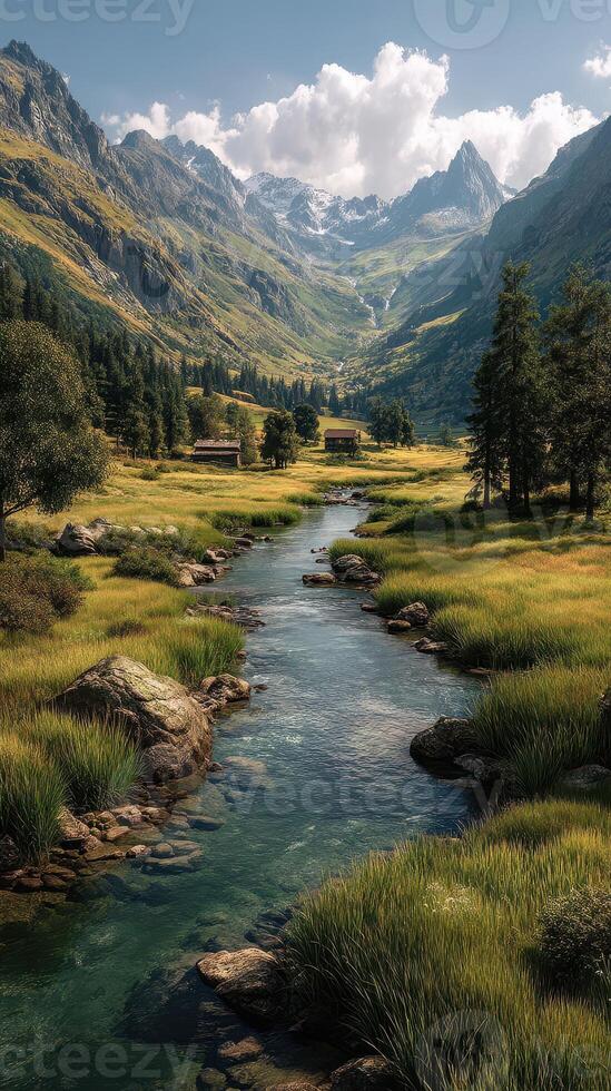 Majestic mountain landscape features a serene river flowing through lush valleys under a bright blue sky photo