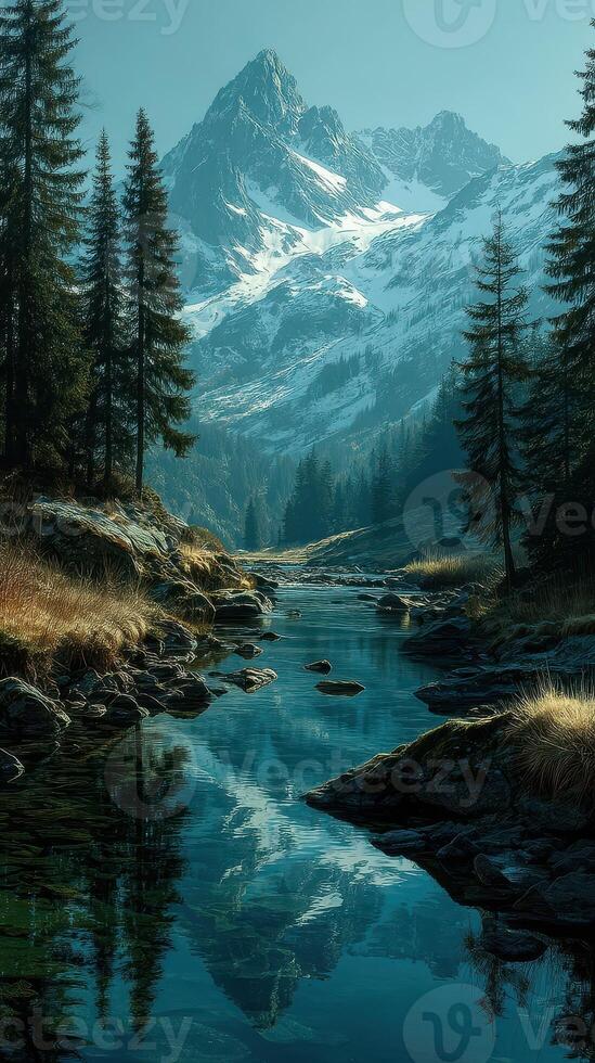Mountain river reflects snow-capped peaks and evergreen trees in a tranquil landscape at dawn photo