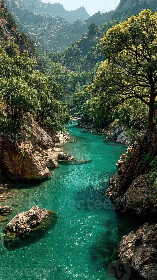 Crystal clear river flowing through lush green mountains in a serene landscape during daytime photo