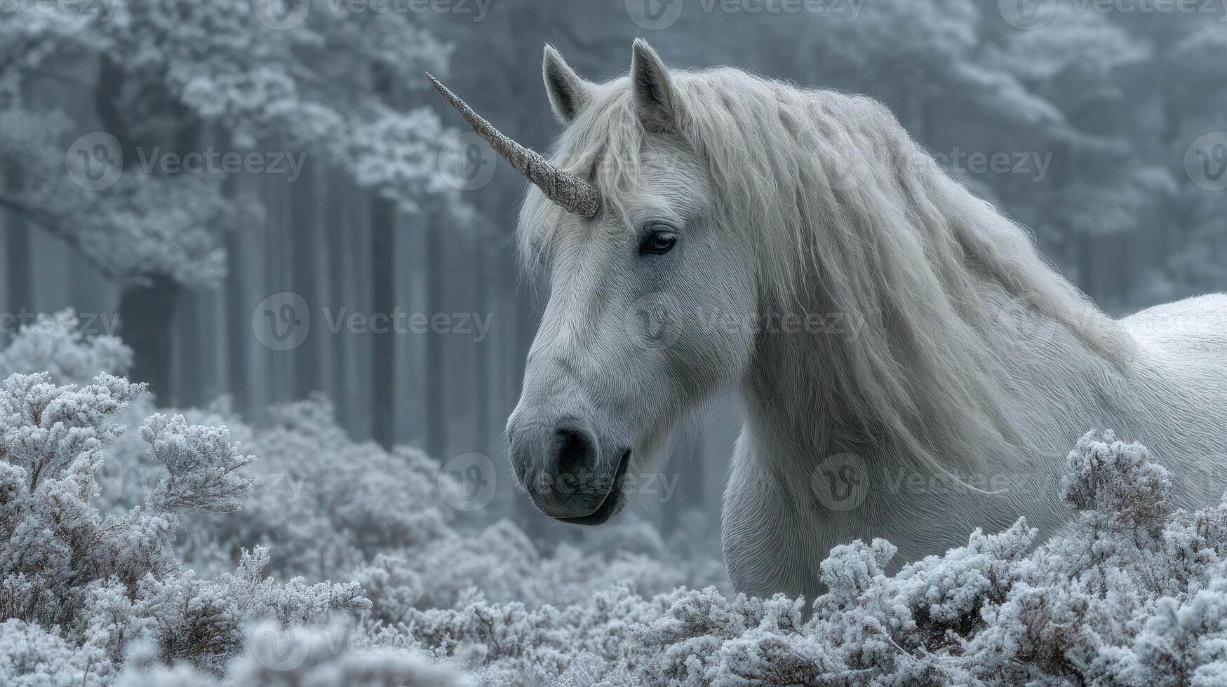 Majestic white unicorn standing gracefully in a frosty forest during early morning light photo