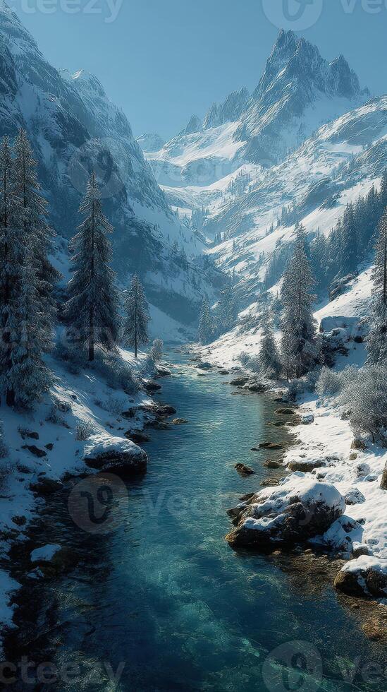 Snow-covered mountains reflect in a clear river surrounded by lush trees in a tranquil valley during winter photo