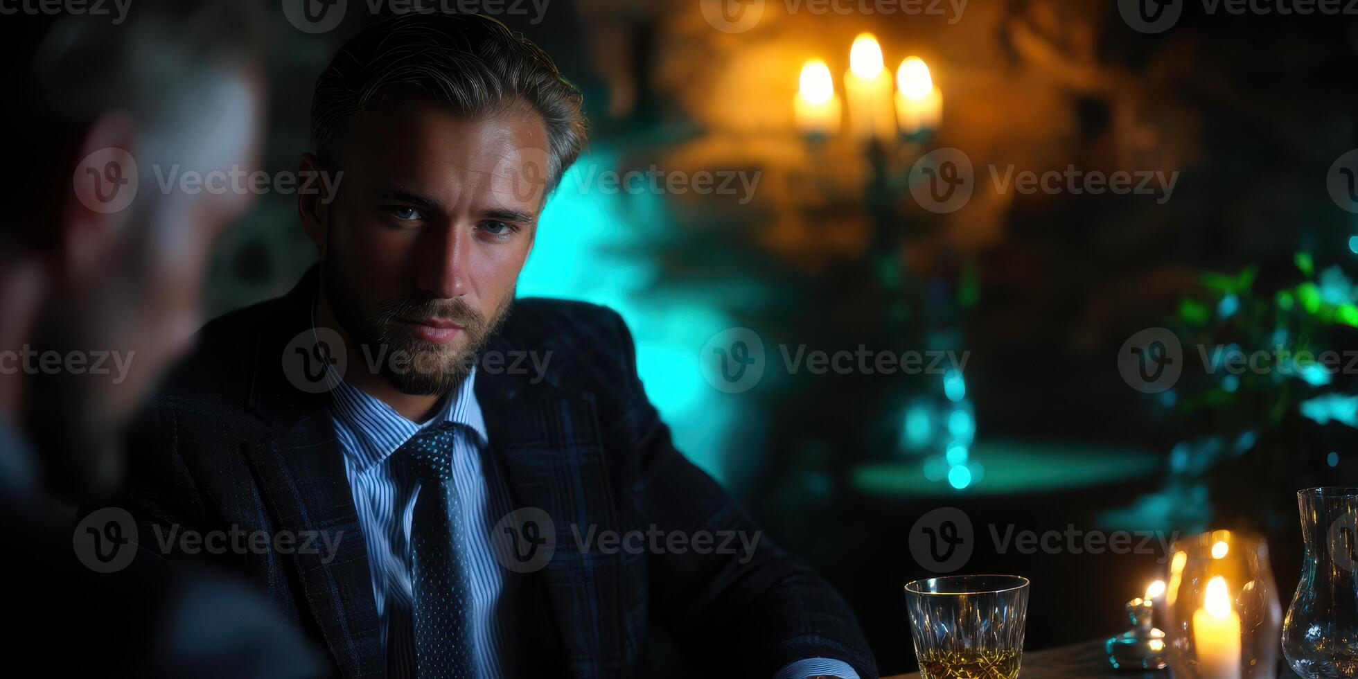 Evening conversation in a dimly lit lounge with whiskey and candlelight photo