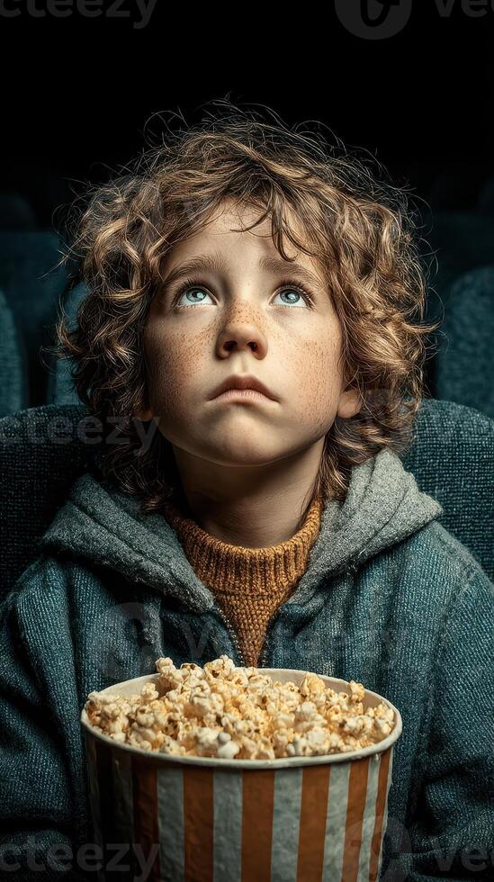 Excited child enjoying popcorn while watching a movie in a dark theater during evening photo