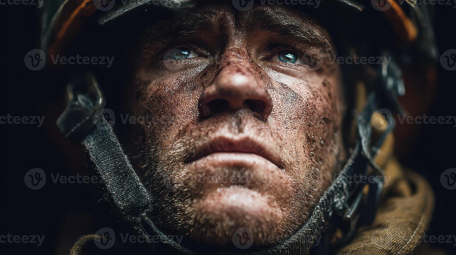 Intense expression of a soldier covered in dirt during a mission in a combat environment at dusk photo