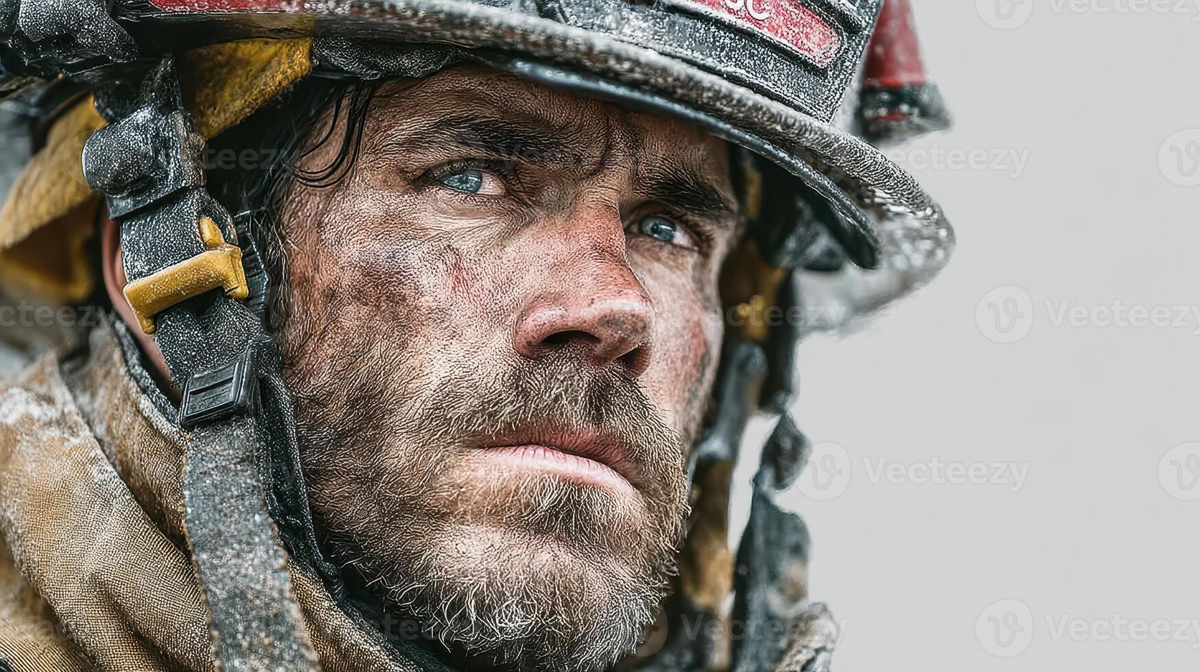 Firefighter with intense expression covered in ash during a rescue operation in an urban setting photo