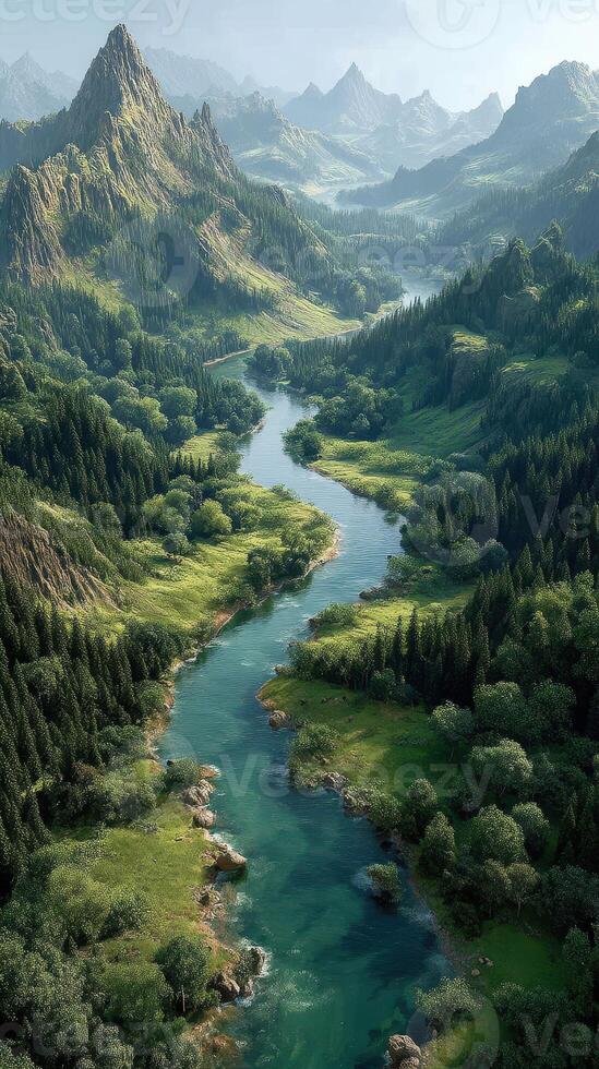 Lush green valley with winding river and mountains under clear skies during daytime photo