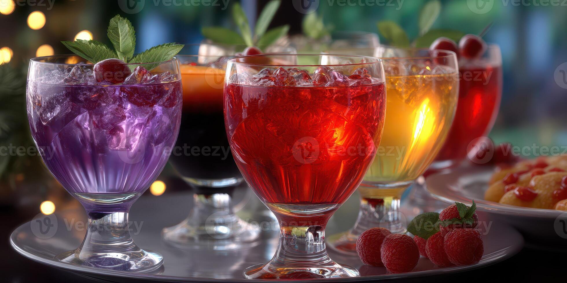 Colorful assortment of refreshing beverages served on a platter at a festive gathering during the evening photo