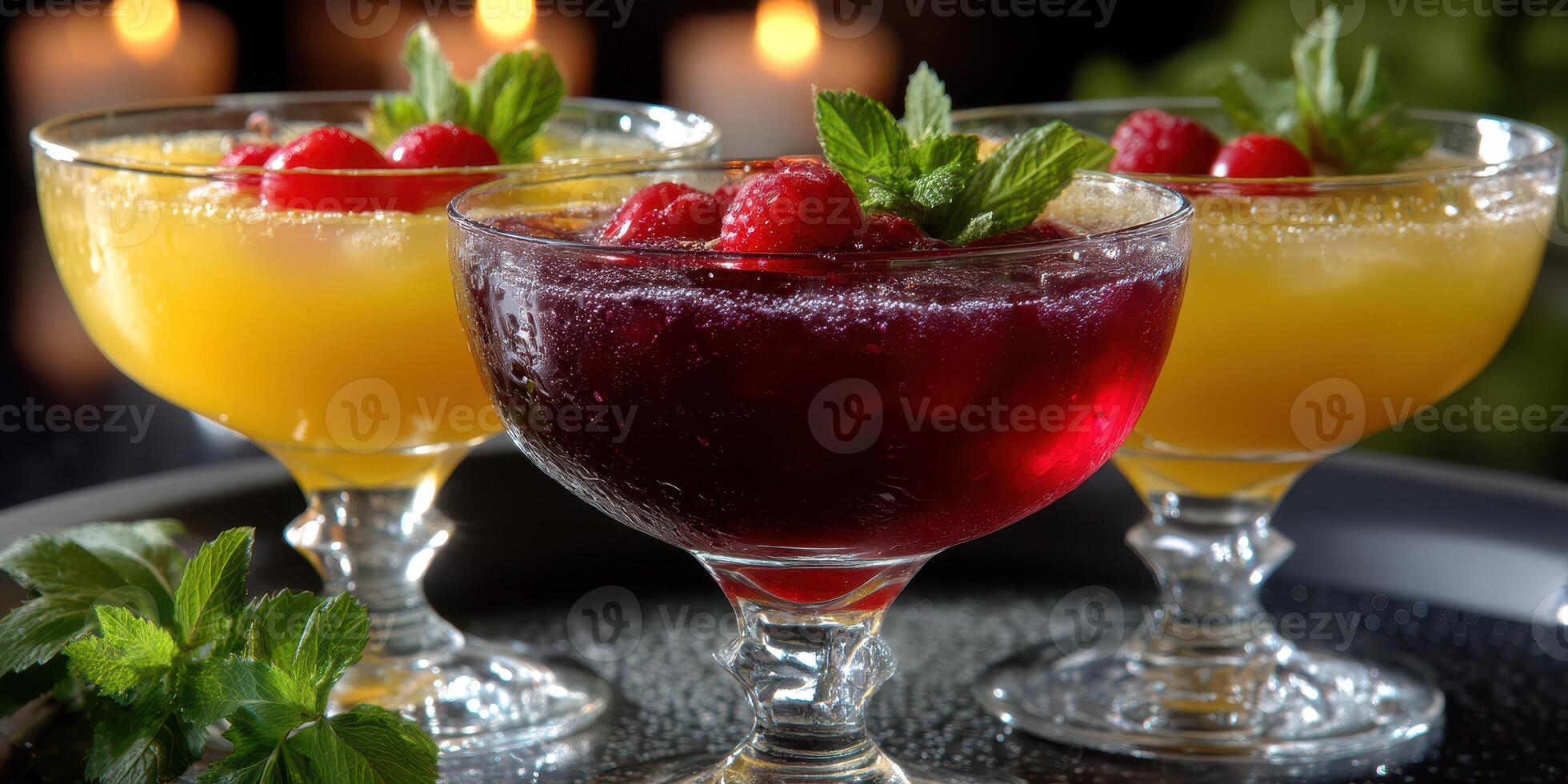 Colorful dessert cocktails with fresh raspberry and mint served on a black tray at a festive gathering photo