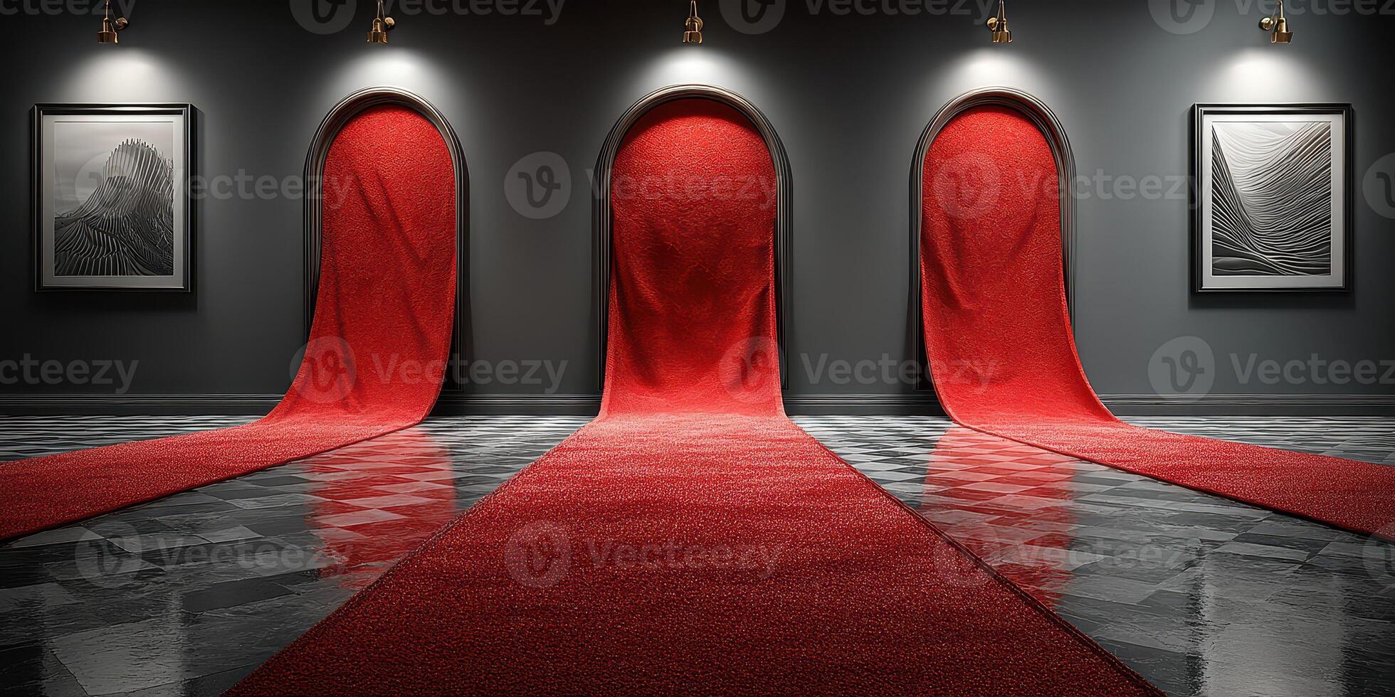 Creative red carpet display in a modern gallery with unique archways and artwork on the walls photo