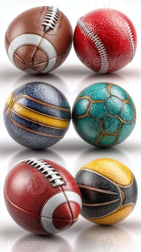 Collection of diverse sport balls arranged on a reflective surface showcasing colors and textures photo