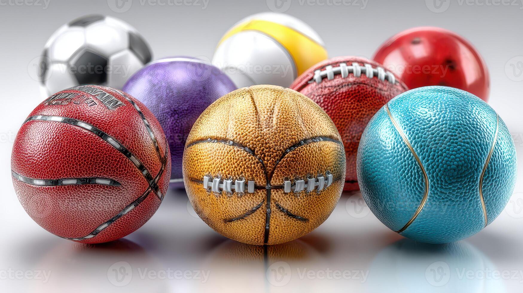 Collection of colorful sports balls arranged artistically on a reflective surface in a bright setting photo