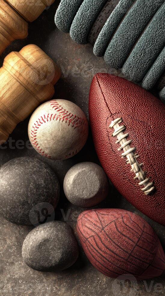Sports equipment assortment featuring various balls and training tools on a textured surface photo