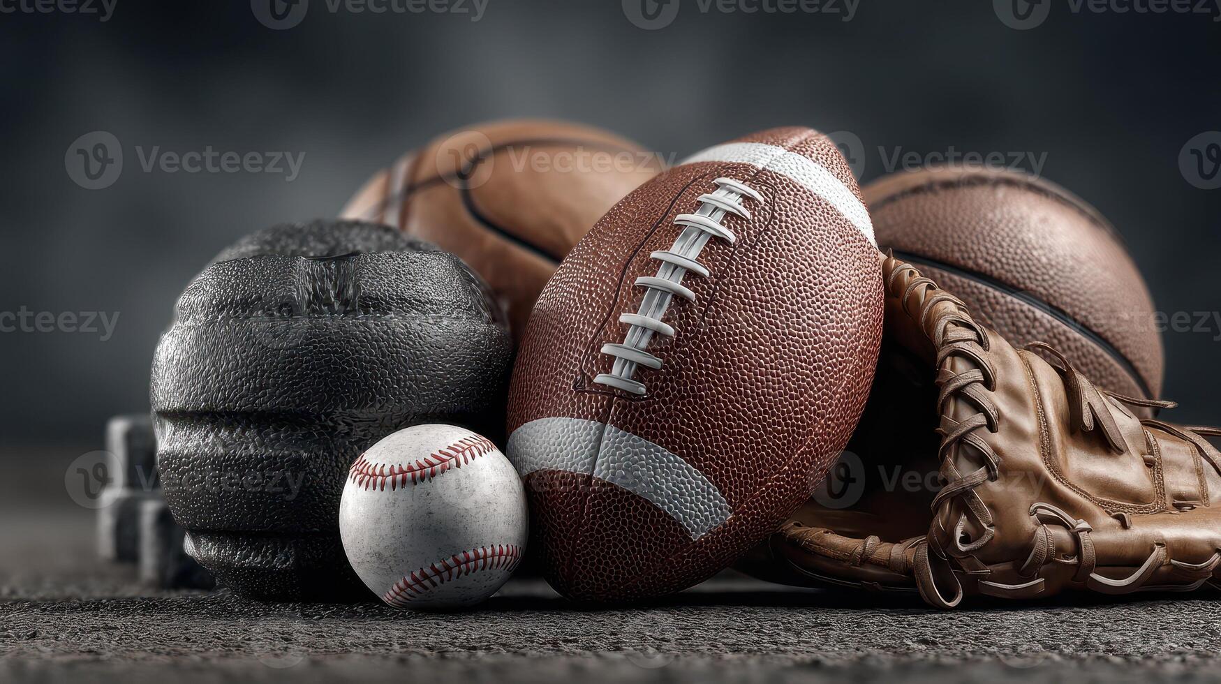 Collection of various sports balls and equipment arranged on a textured surface in a dimly lit environment photo