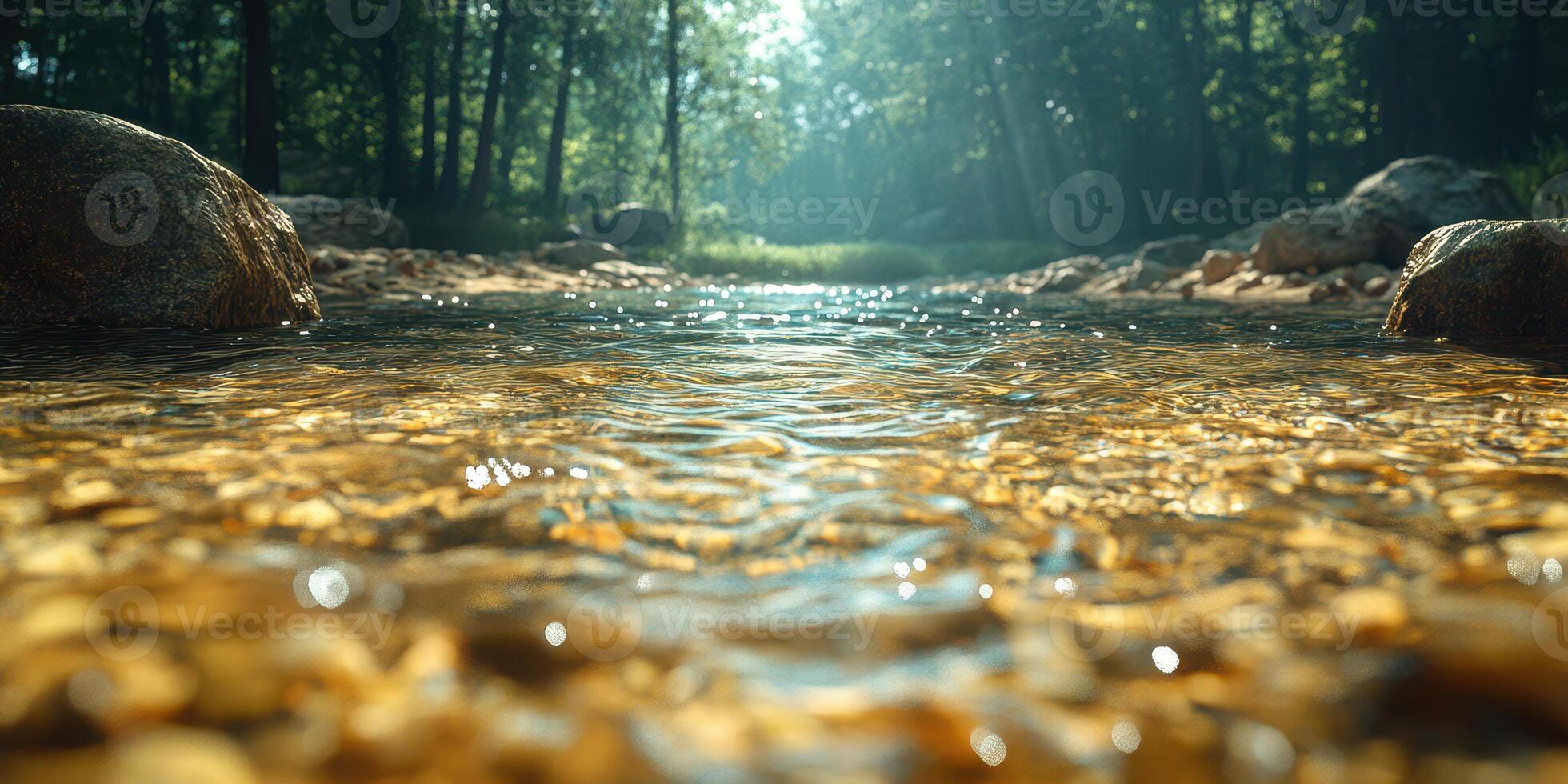 Sunlight glimmers on a serene forest stream surrounded by stones and lush greenery photo