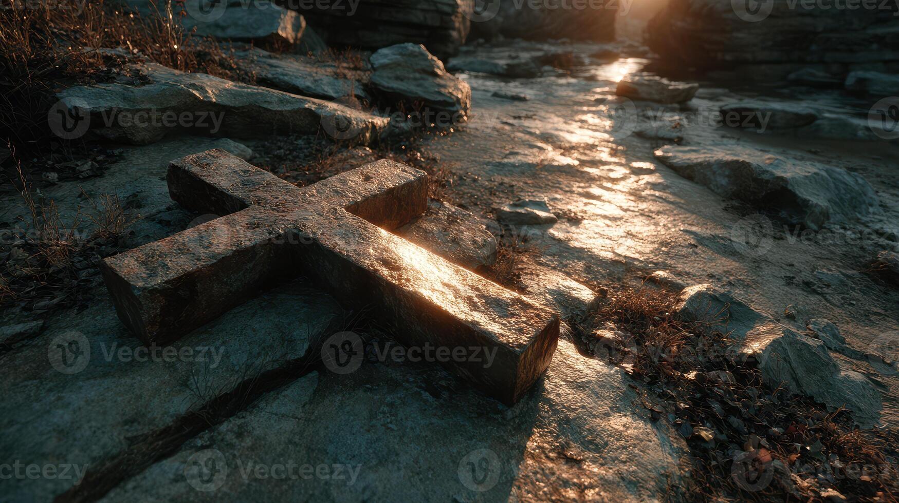 Cross on rocky ground illuminated by sunset in serene natural setting photo
