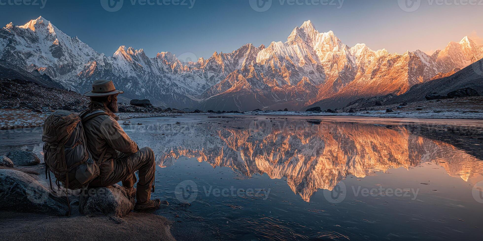 Majestic mountain range reflected in still water at sunrise creates a stunning view for a lone hiker in the wilderness photo