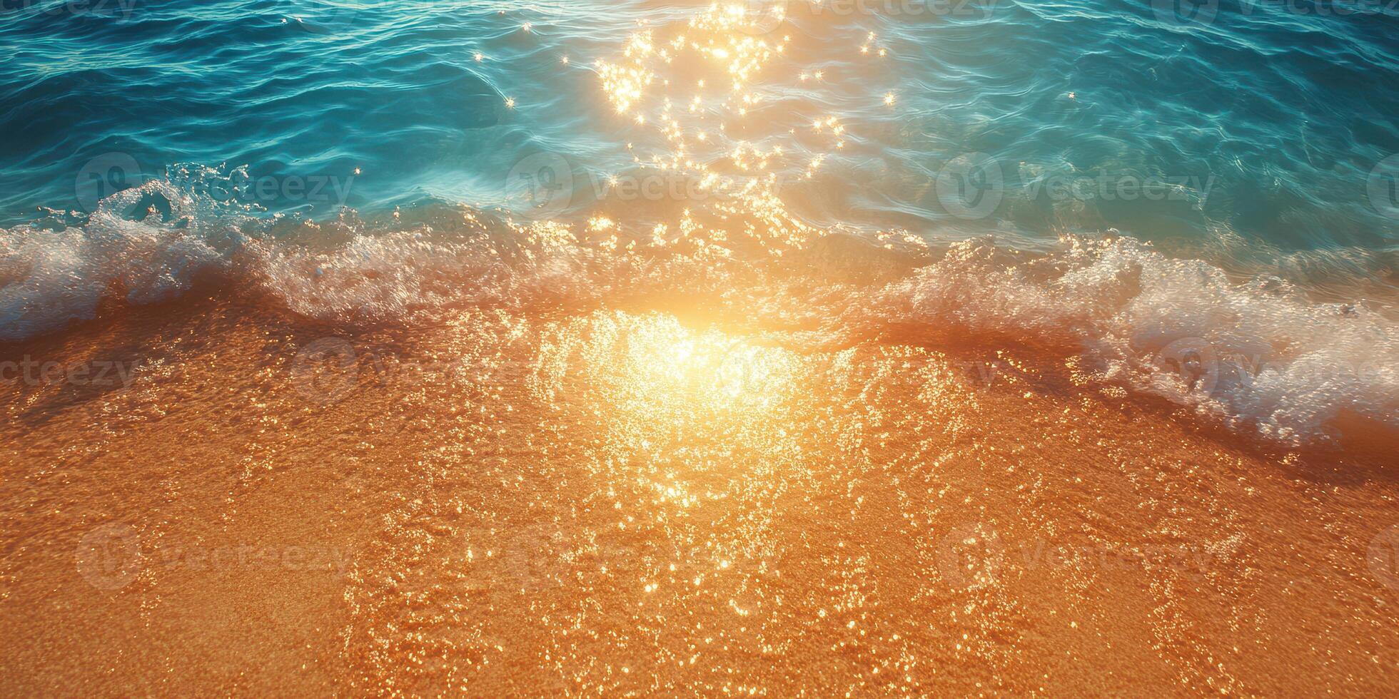 Ocean waves gently wash ashore during sunset, illuminating golden sand with sparkling light reflections photo