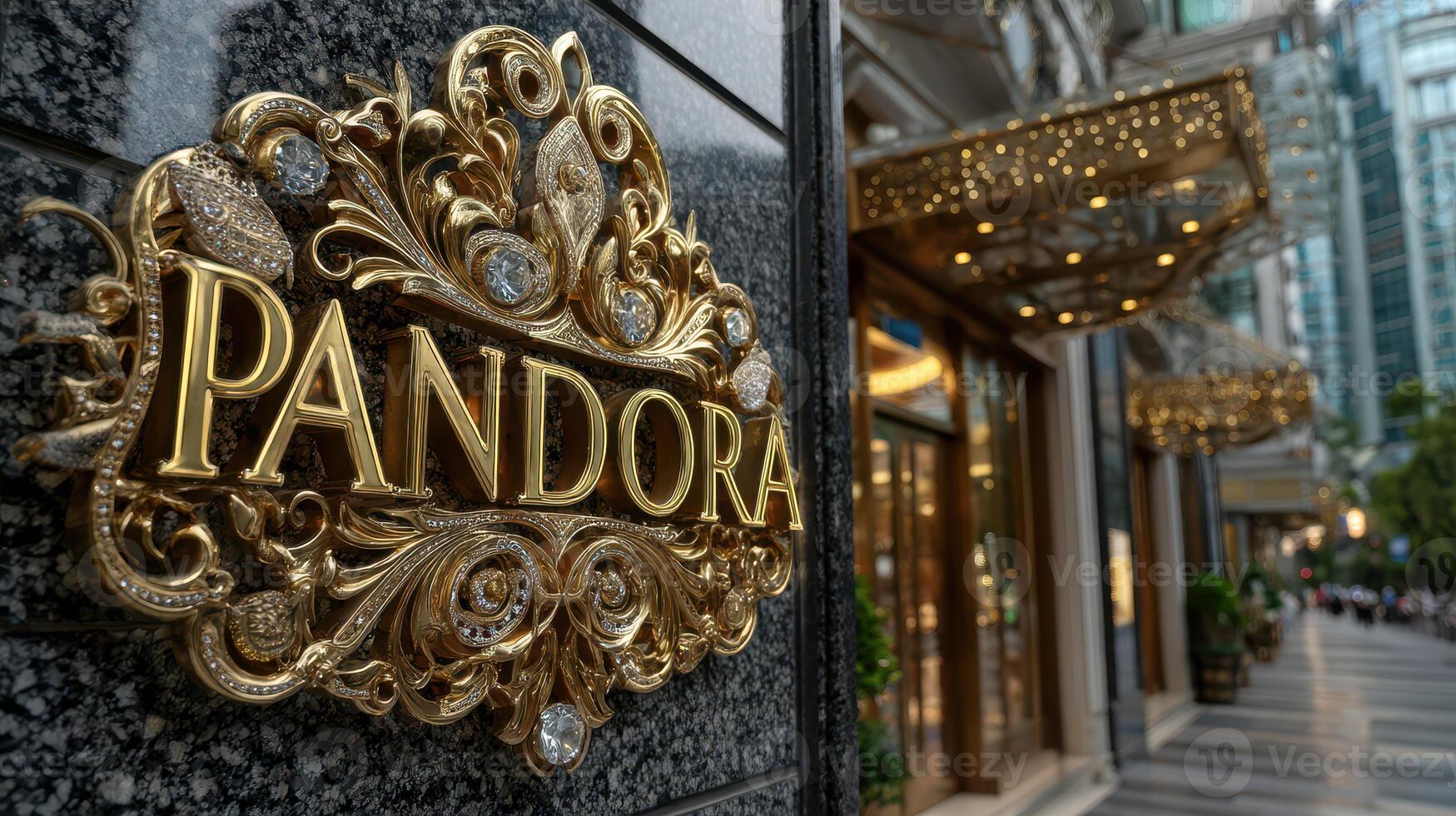 Stylish storefront with elegant golden signage reflecting luxury shopping experience in a vibrant city photo