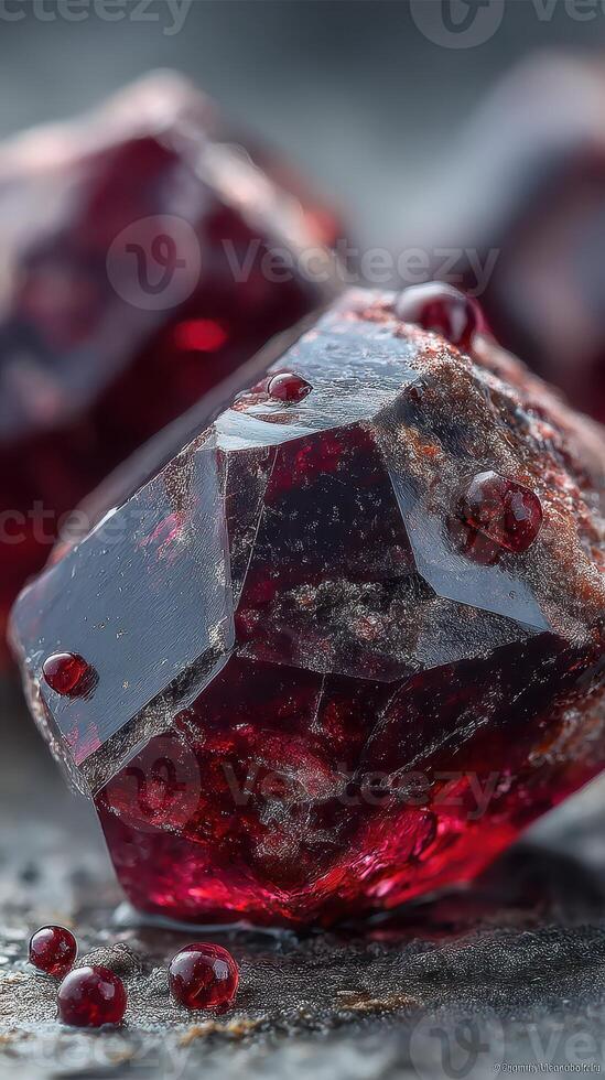 Crimson crystal formations glisten under soft light showcasing deep red hues and intricate textures photo
