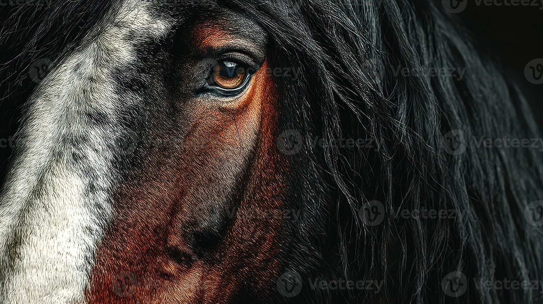 Close-up view of a horse's face showcasing its unique features and expressive eye during a calm moment in its stable photo
