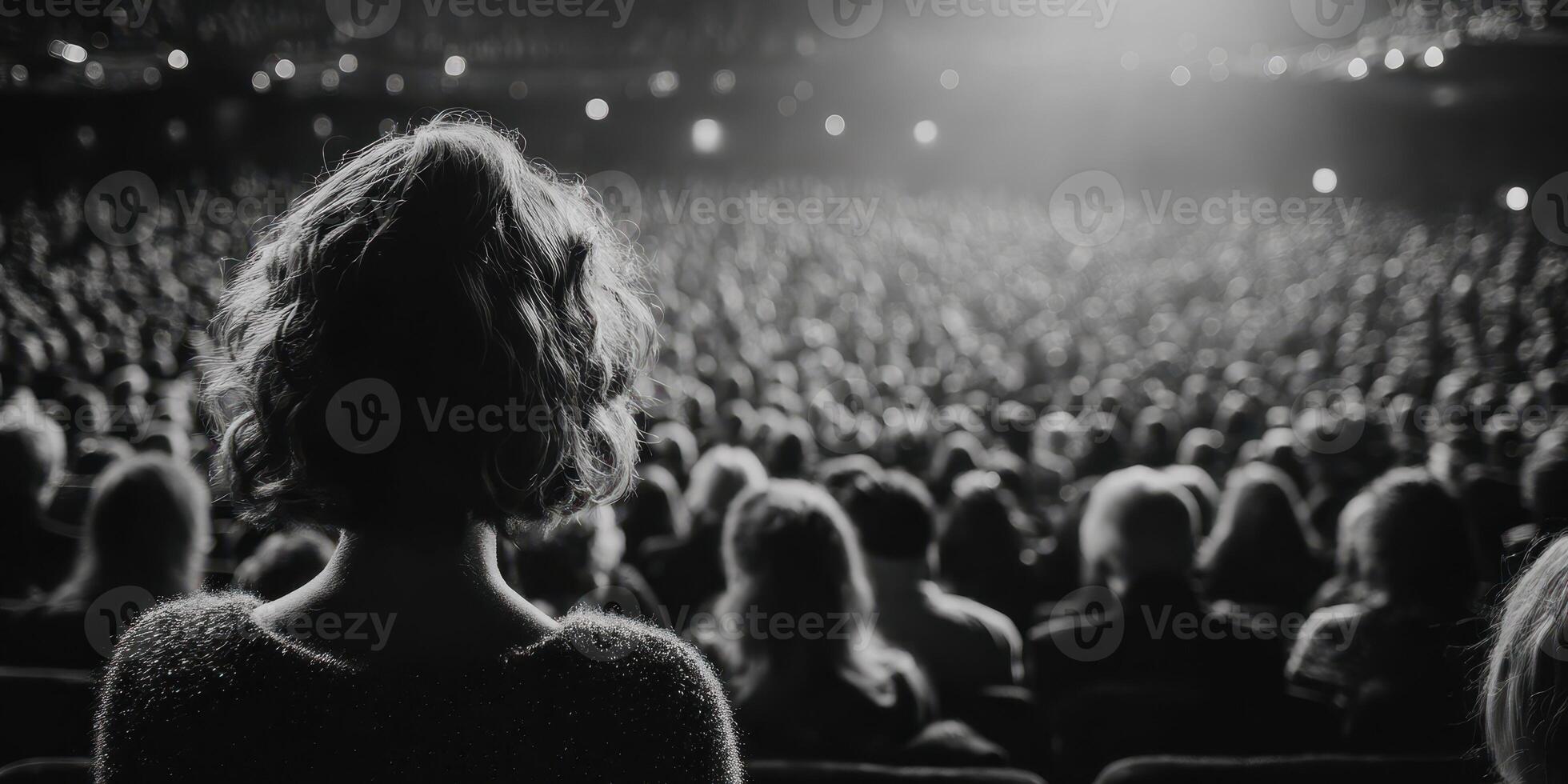 Audience watching a performance in a theater at night with dramatic lighting and an engaged atmosphere photo