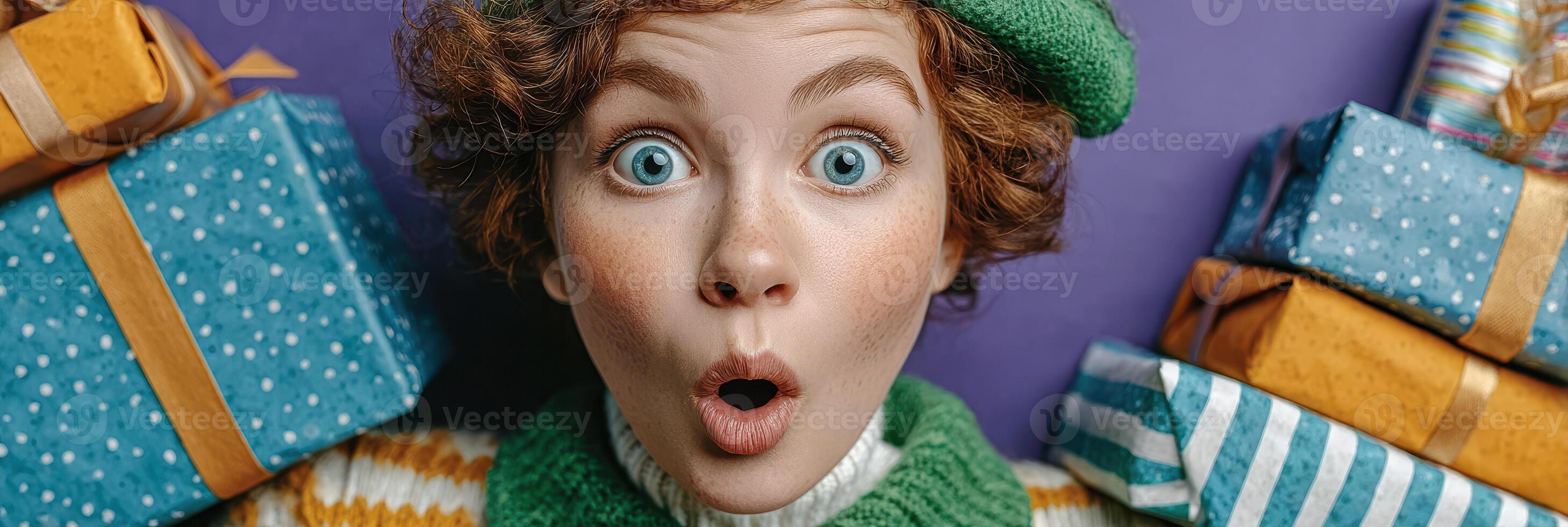 Excited young person holds colorful gifts while posing with joyful expression during a festive celebration indoors photo