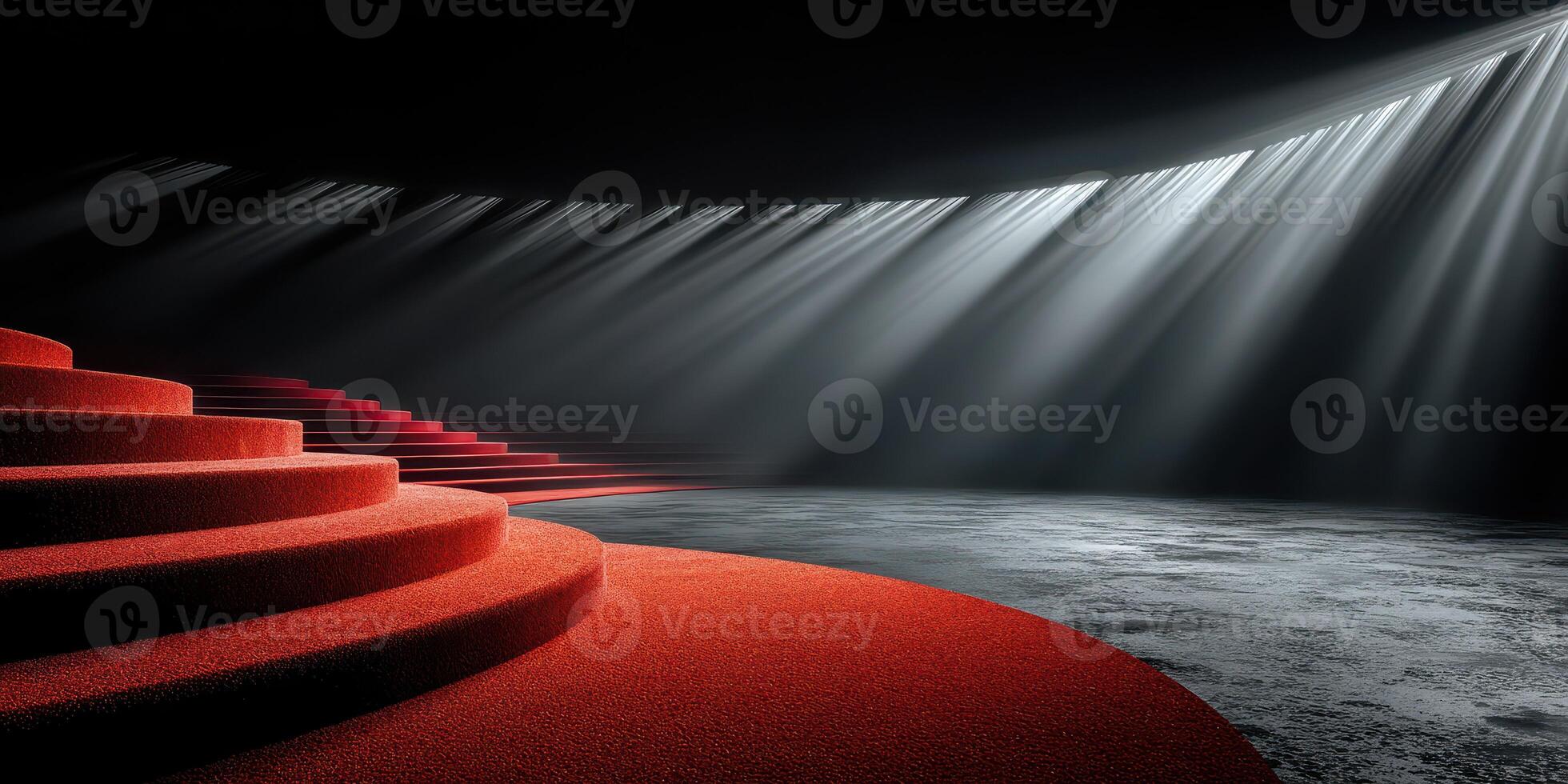 Dramatic red stairs lead to a spotlighted stage in an empty, dimly lit theater at night photo