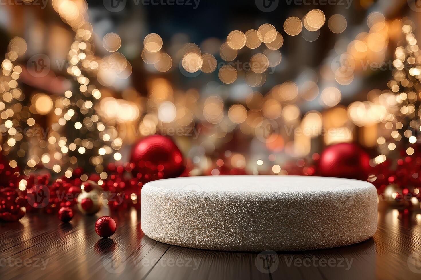 Festive display with a blank round pedestal surrounded by decorative elements during the holiday season photo