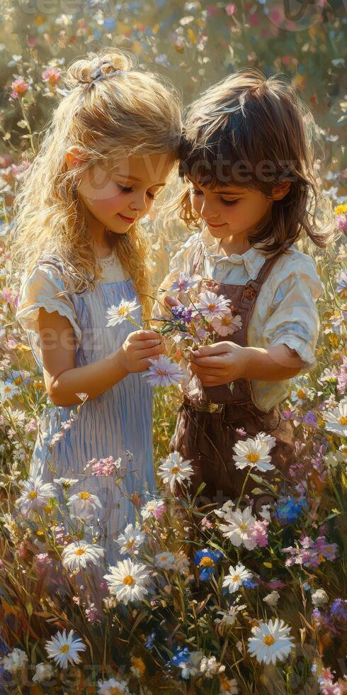 Children gather wildflowers in a sunny meadow during springtime, showcasing joy and innocence in nature's beauty photo