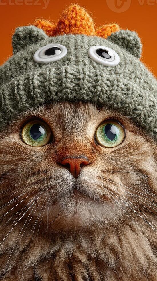 Playful cat wearing a quirky knitted hat against a vibrant orange background showcasing its expressive eyes and fluffy fur photo
