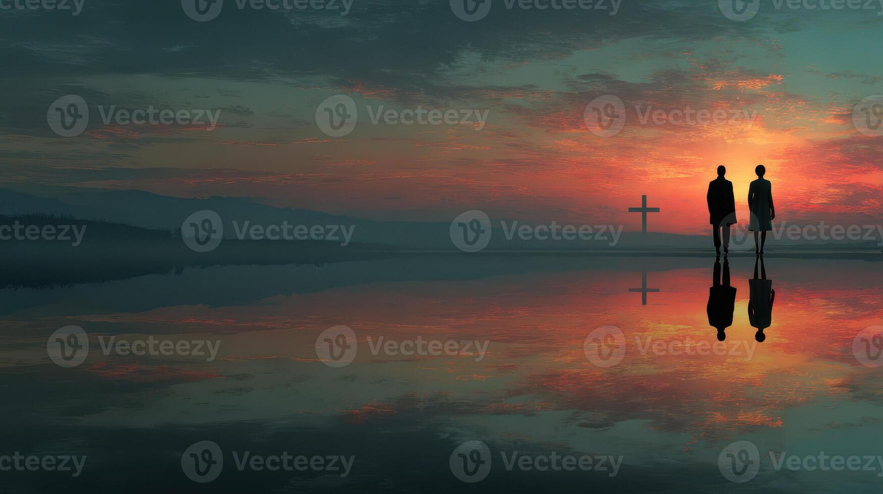 Couple stands on reflective surface during sunset beneath a large cross in a serene landscape photo