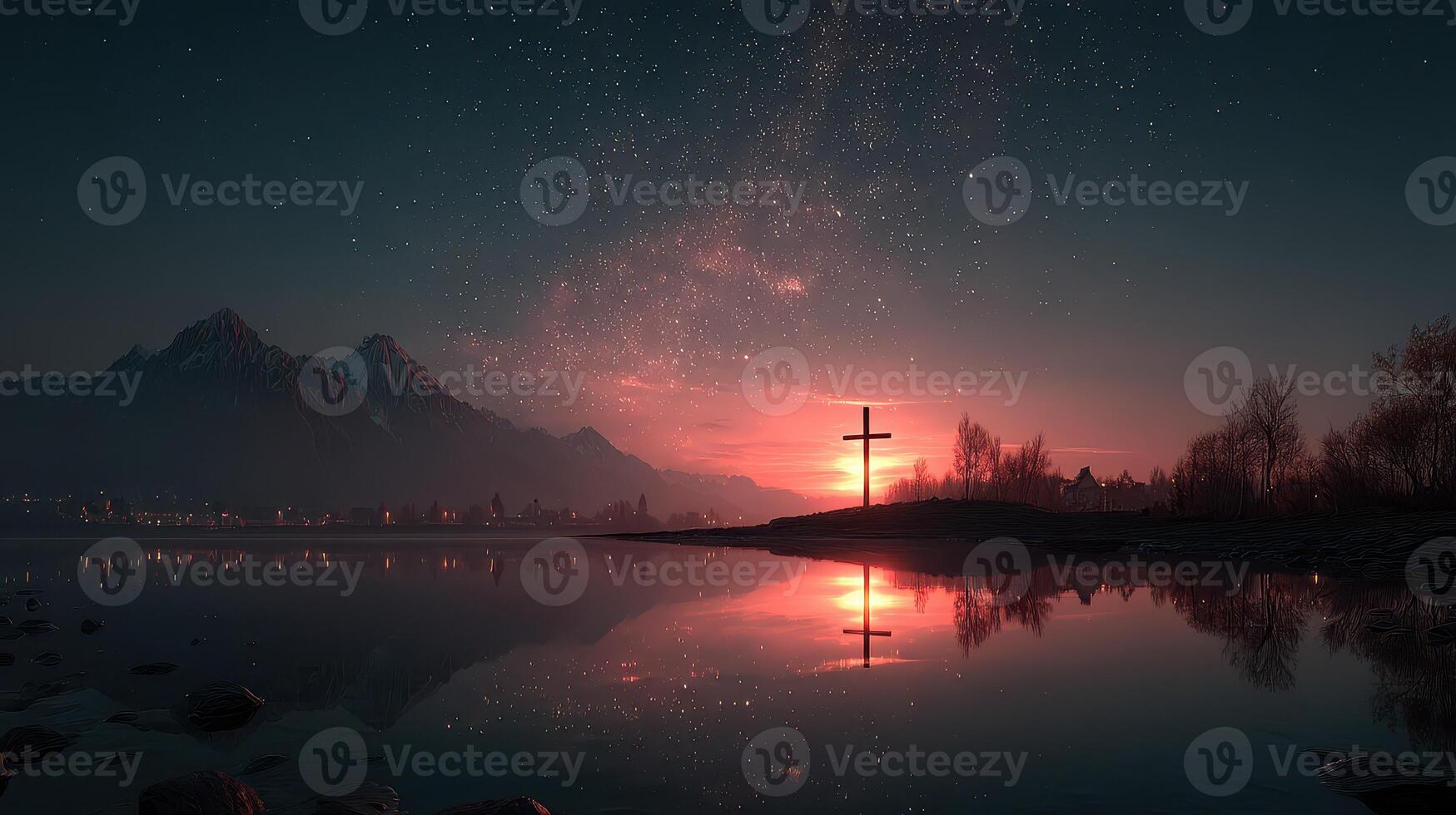 Sunset over tranquil lake with cross reflection and mountains in the backdrop during a starry evening photo