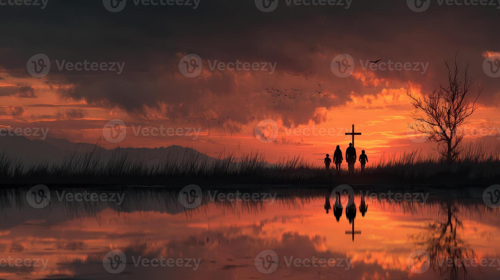 People walking towards a cross in a scenic sunset by the water in a tranquil setting photo
