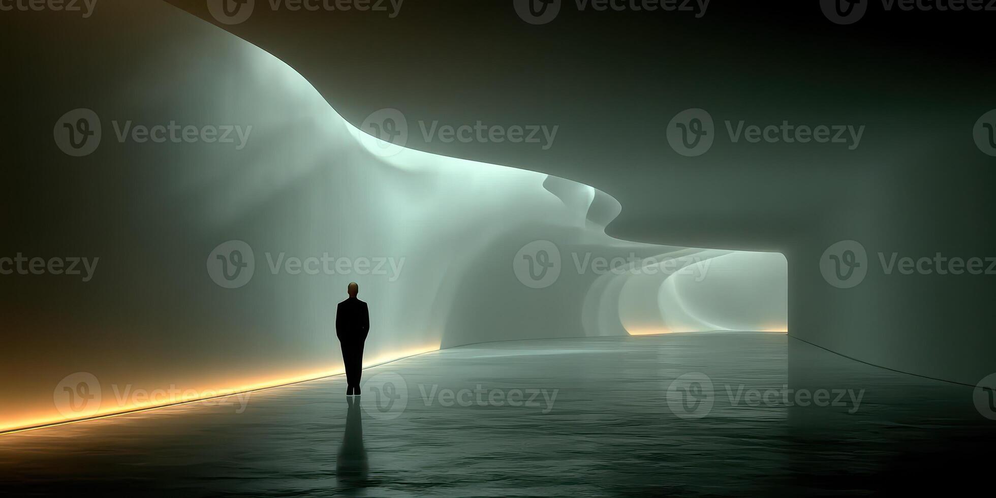 Modern architectural design featuring a solitary figure in a surreal hallway illuminated by soft light photo