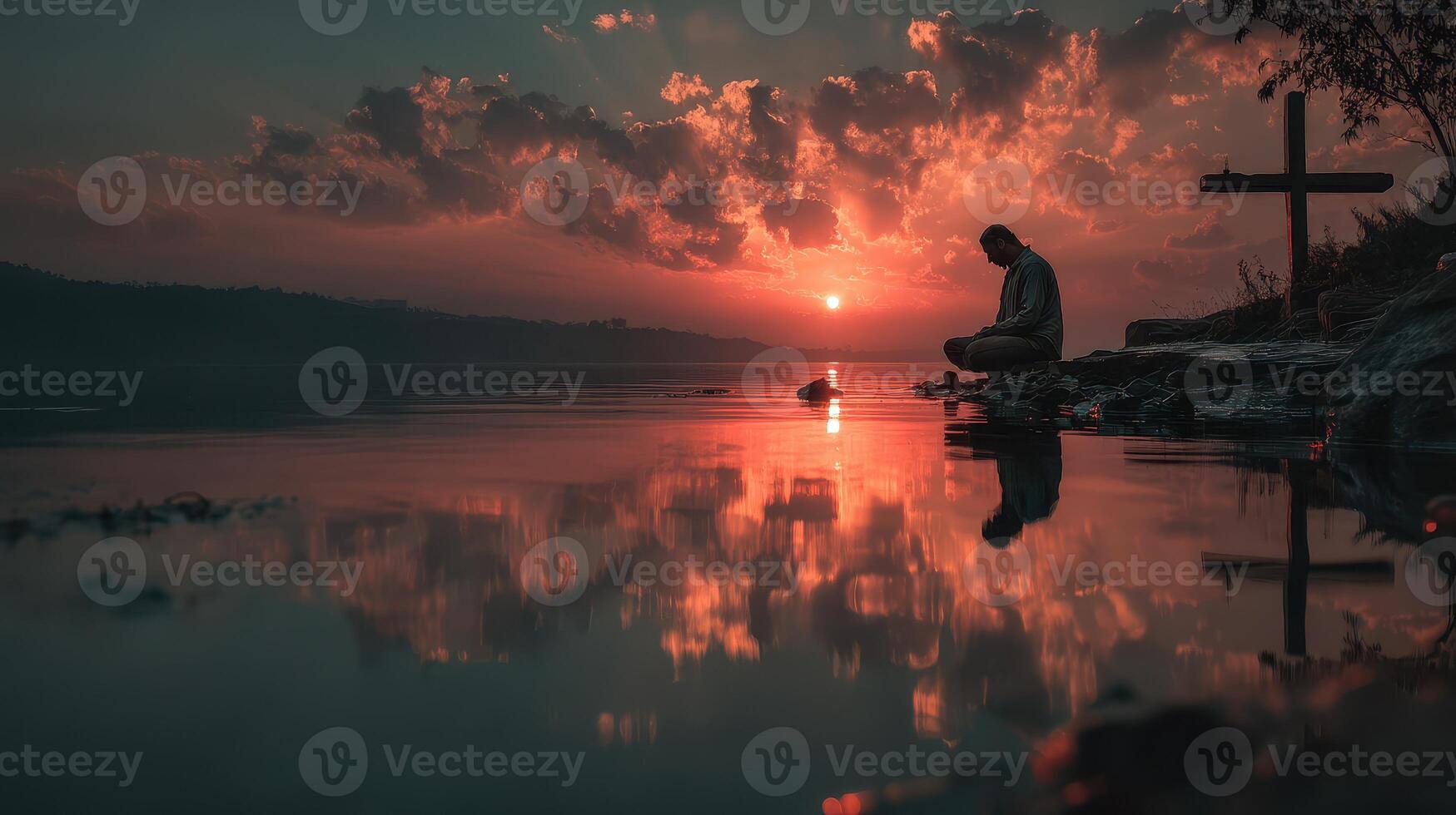 Man meditating by the water at sunset with a cross in the background photo