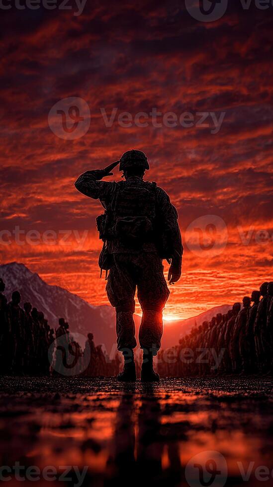Soldier saluting during sunset in a military ceremony with dramatic sky and mountainous backdrop photo