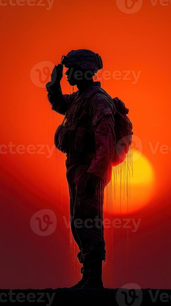 Soldier saluting at sunset with vibrant orange sky and silhouette highlighting dedication and sacrifice photo