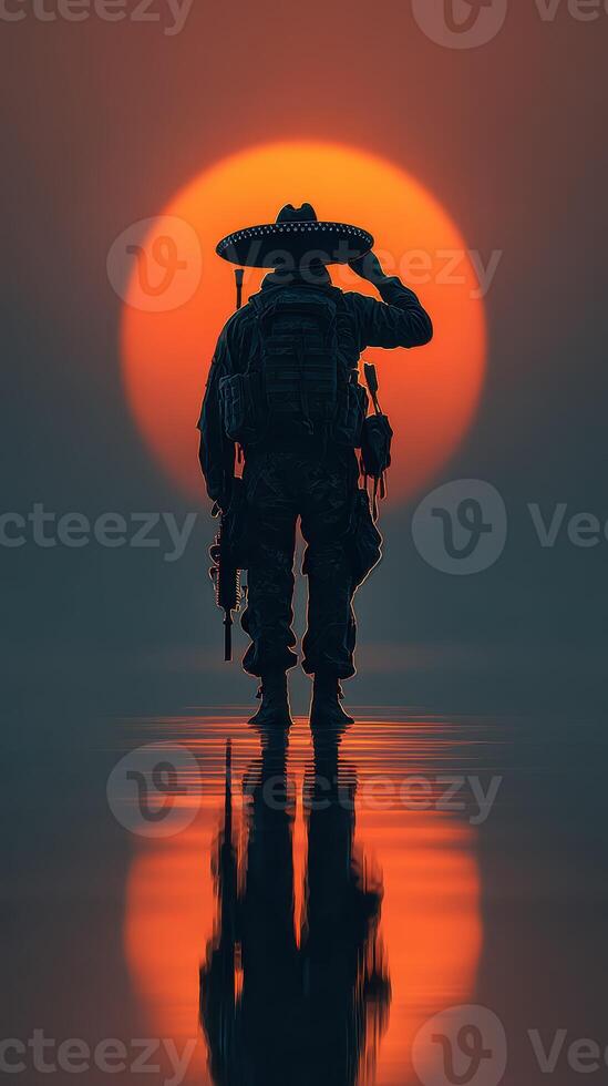 Soldier saluting at sunset with sombrero in reflective waters near a tranquil landscape photo