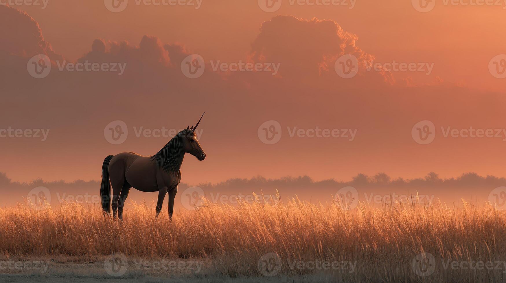 Majestic unicorn standing gracefully in a golden field at sunset with vibrant clouds in the background photo