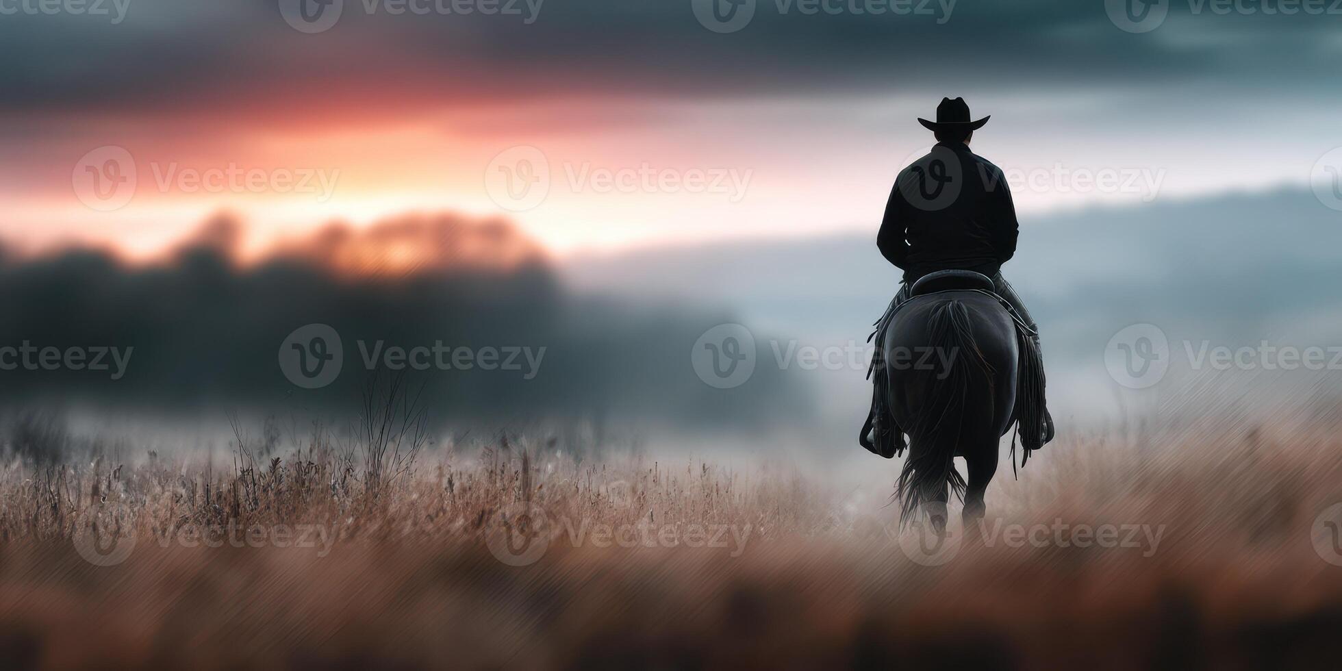 Cowboy riding a horse at sunset in a misty landscape with distant hills photo