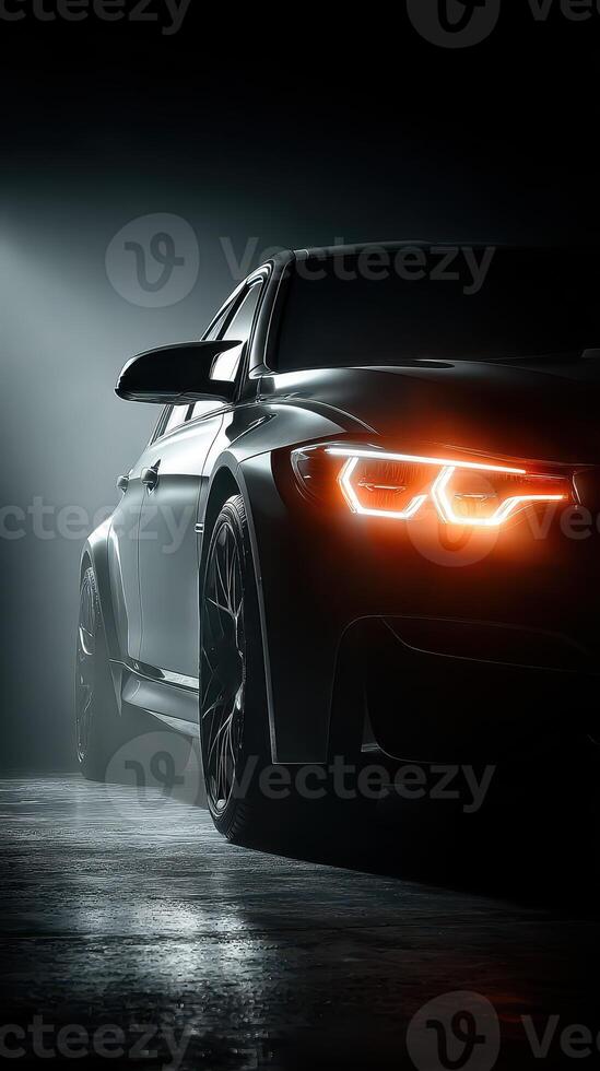 Sleek sports car illuminated in a dimly lit garage showcasing modern design and powerful performance photo