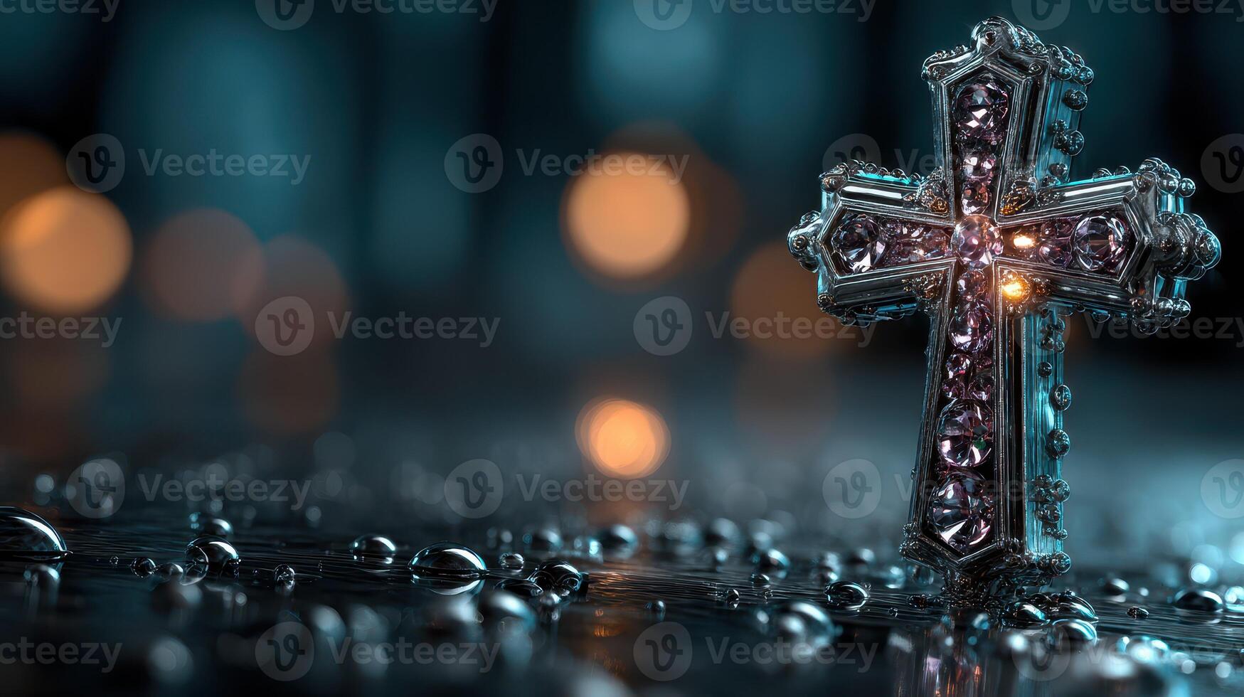 Sparkling cross adorned with jewels rests on a wet surface with soft bokeh lights in the background during twilight photo