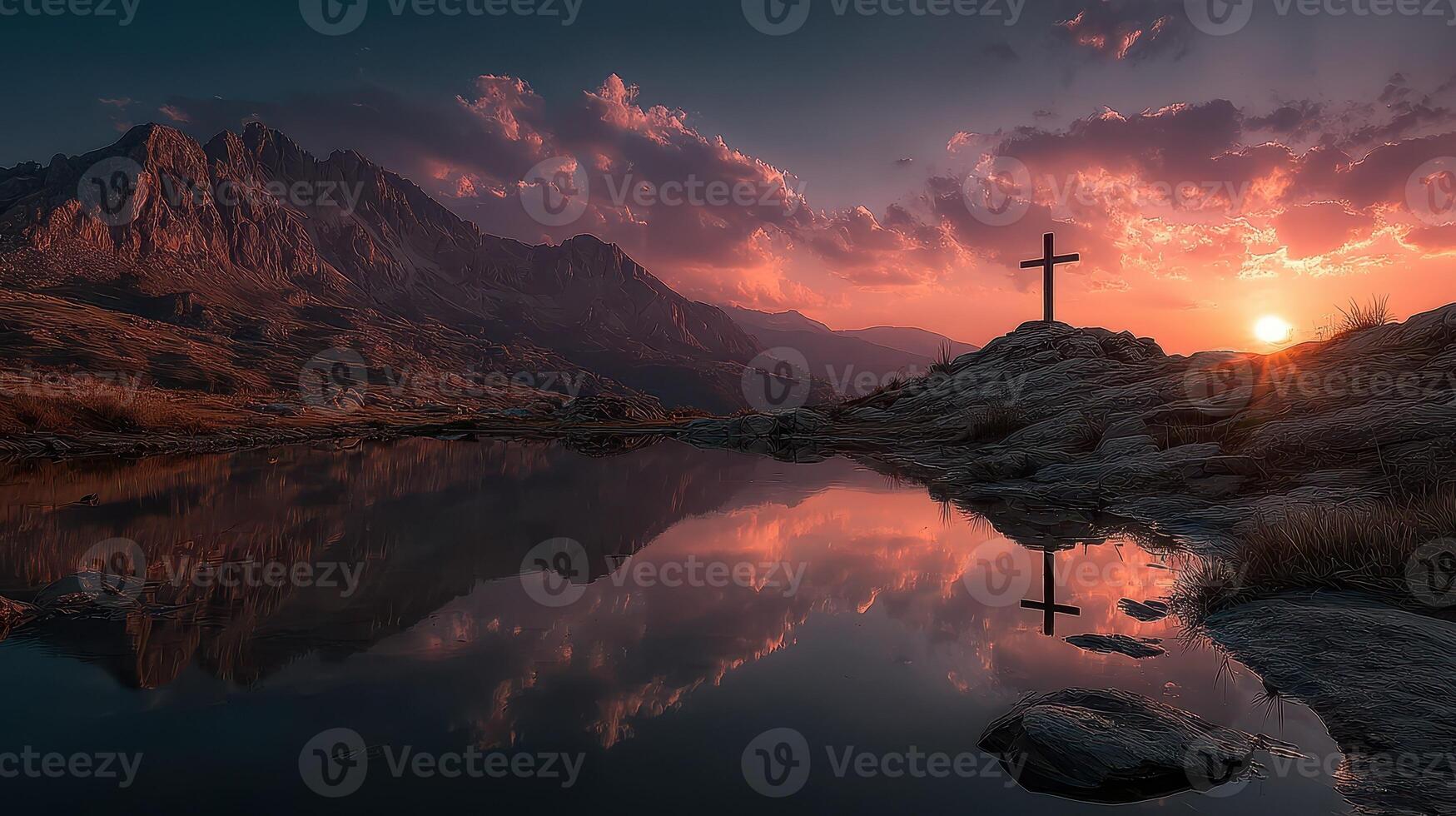 Sunset over mountains with cross reflection in tranquil water setting photo