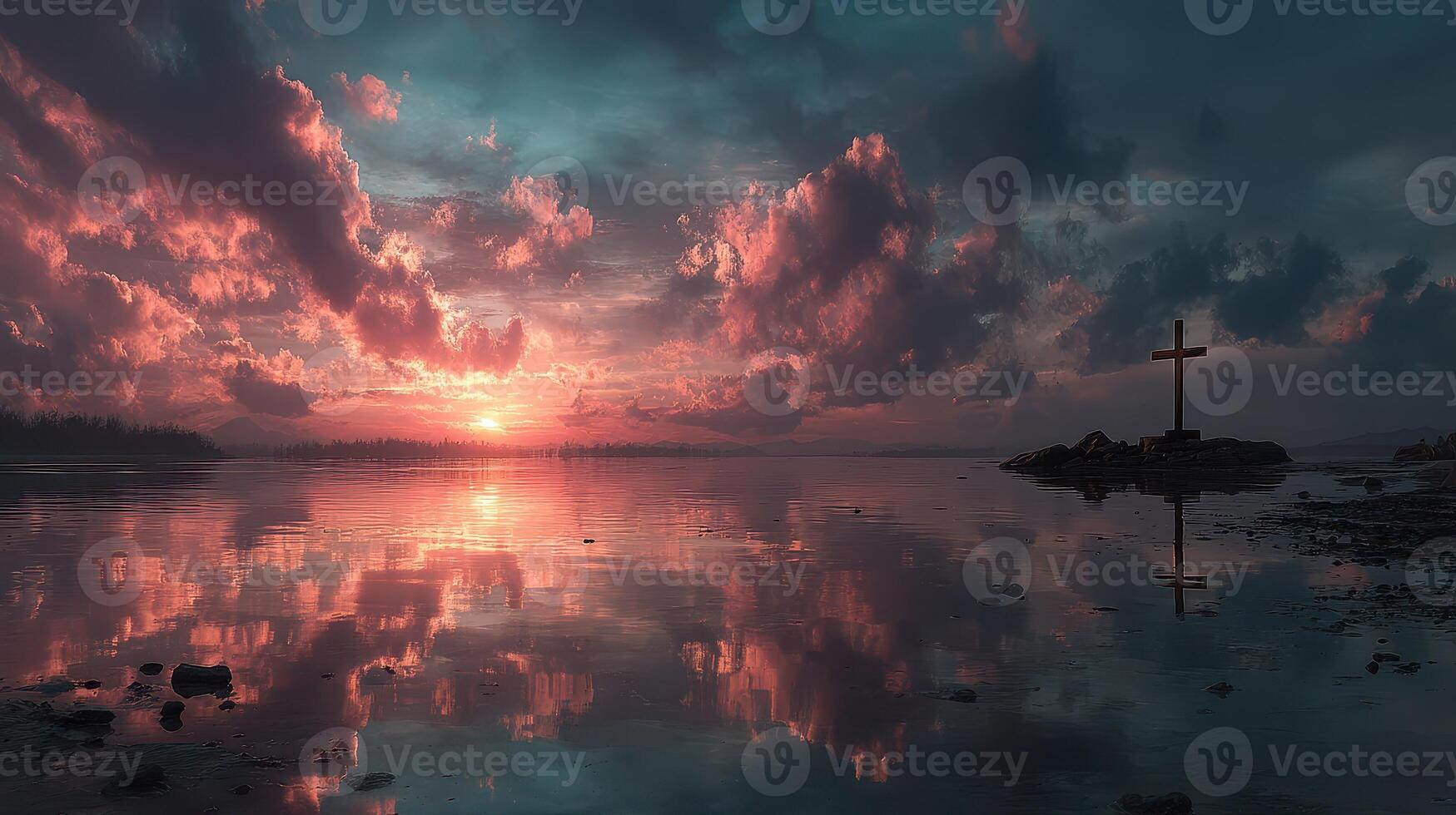 Majestic sunset reflecting on calm waters with dramatic clouds and a cross in the foreground photo