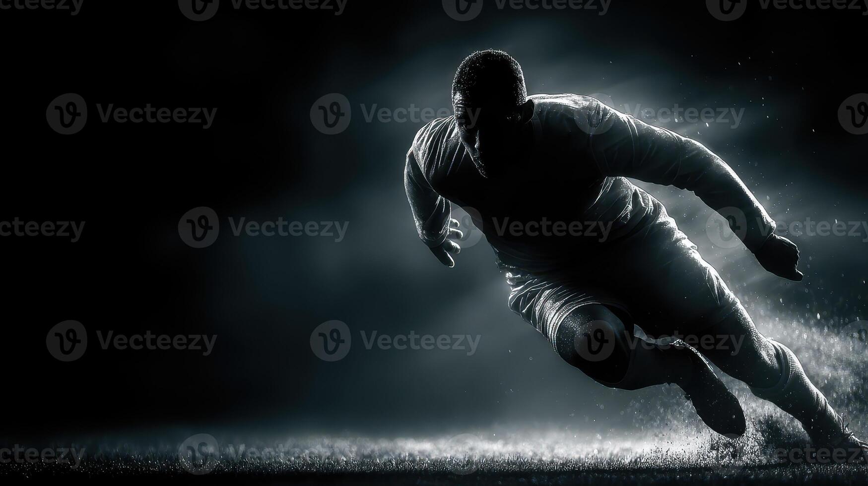Dynamic athlete sprinting on an illuminated field during a high-stakes match in early evening hours photo